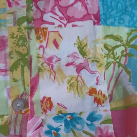Palm Lilly Patchwork Resort Flamingo Boat Print Button 3/4 Sleeve Blouse, Size 6 - Picture 9 of 16